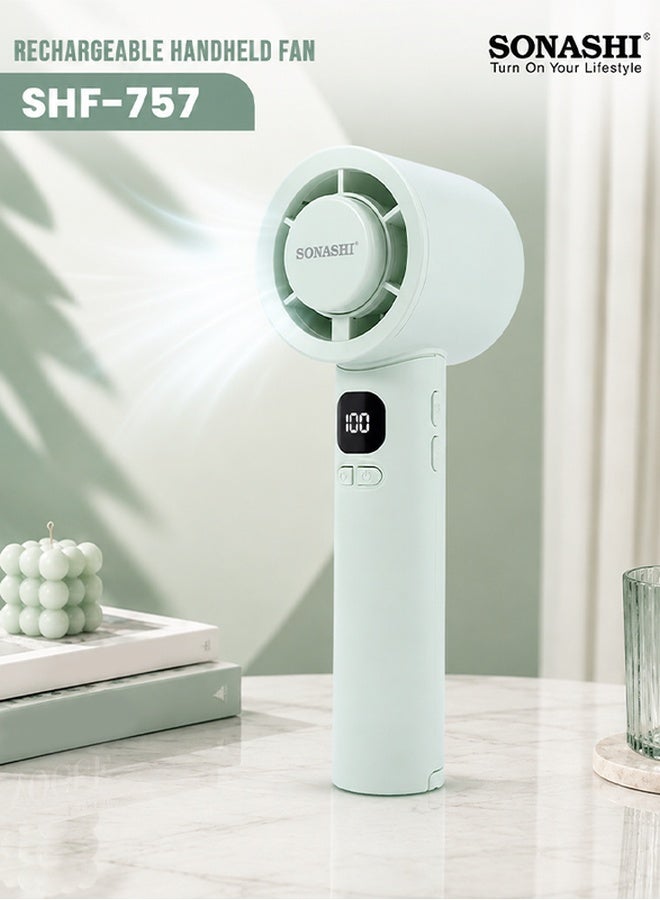 Rechargeable Handheld Fan, 6W, 3.7V 1800mAh Li-Ion Battery, 3-Speed Adjustable, Type-C Charging, Charging Indicator, Overcharge & Over-Discharge Protection, 1.5-5 Hours Working Time SHF-757 Green SHF-757 Sea Green