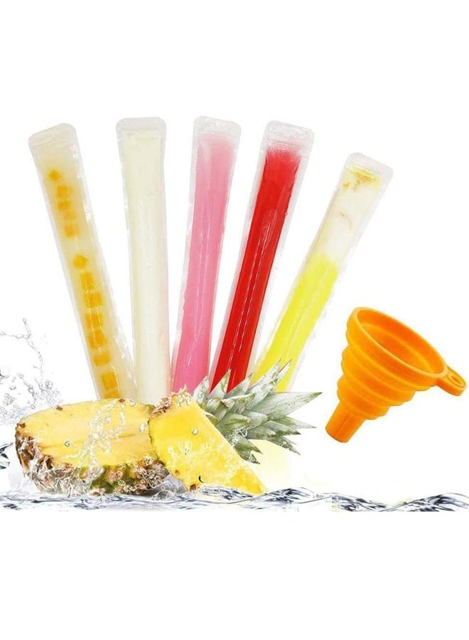 100 Disposable Ice Popsicle Mold Bags，BPA Free Freezer Tubes With Zip Seals ，For Healthy Snacks, Yogurt Sticks, Juice & Fruit Smoothies, Ice Candy Pops，Comes With A Funnel (11x2")  - Image 1