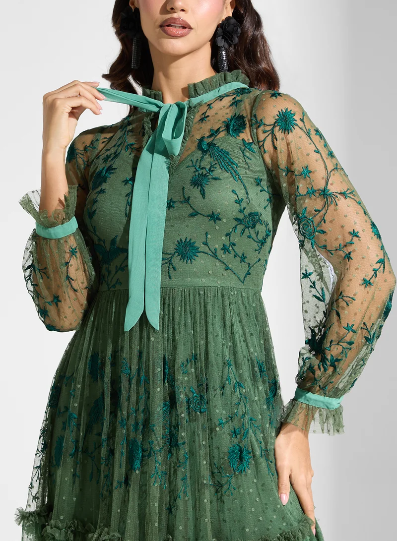 فروك اند فرل Embroidered Tie Neck Detail  Dress