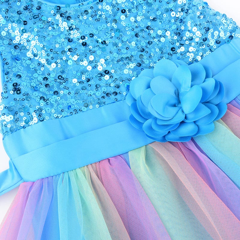 Uhnice Little Girl's Sequin Sleeveless Mesh Rainbow Dress for Wedding Party (8 Years, Blue) - Image 2