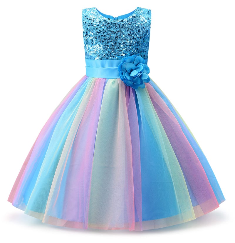 Uhnice Little Girl's Sequin Sleeveless Mesh Rainbow Dress for Wedding Party (8 Years, Blue) - Image 1