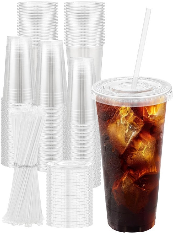 Clawsoff 16 oz 100 Pack Plastic Cups with Lids and Straws, Sturdy Food Safe Iced Clear Coffee Cups Disposable Smoothie Cups for Cold Drinks - Image 1