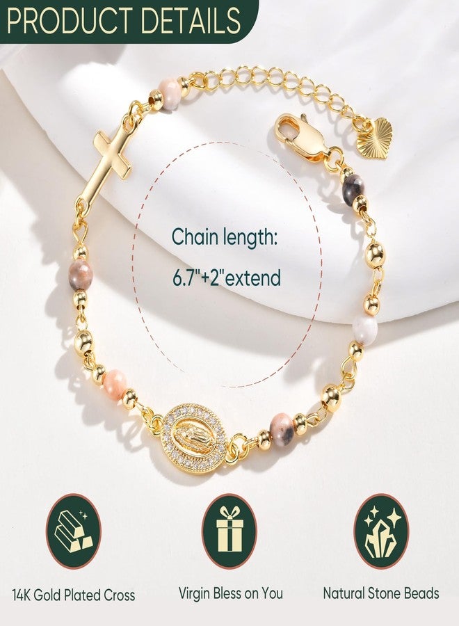 XUANPAI Women's Gold Virgin Mary Bracelet - 14K Gold Plated Religious Cross Bracelet,Dainty Golden Virgen De Guadalupe Natural Stone Pink Zebra Beaded Jewelry,Catholic Faith Baptism Confirmation Gift for Her - Image 4