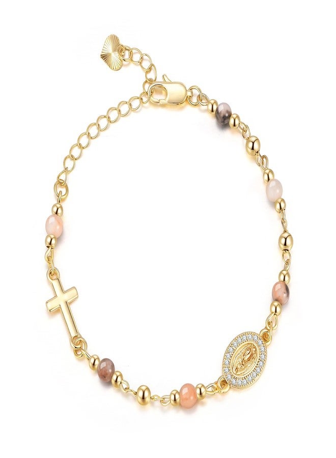 XUANPAI Women's Gold Virgin Mary Bracelet - 14K Gold Plated Religious Cross Bracelet,Dainty Golden Virgen De Guadalupe Natural Stone Pink Zebra Beaded Jewelry,Catholic Faith Baptism Confirmation Gift for Her - Image 1