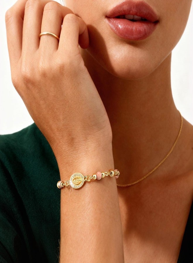 XUANPAI Women's Gold Virgin Mary Bracelet - 14K Gold Plated Religious Cross Bracelet,Dainty Golden Virgen De Guadalupe Natural Stone Pink Zebra Beaded Jewelry,Catholic Faith Baptism Confirmation Gift for Her - Image 2