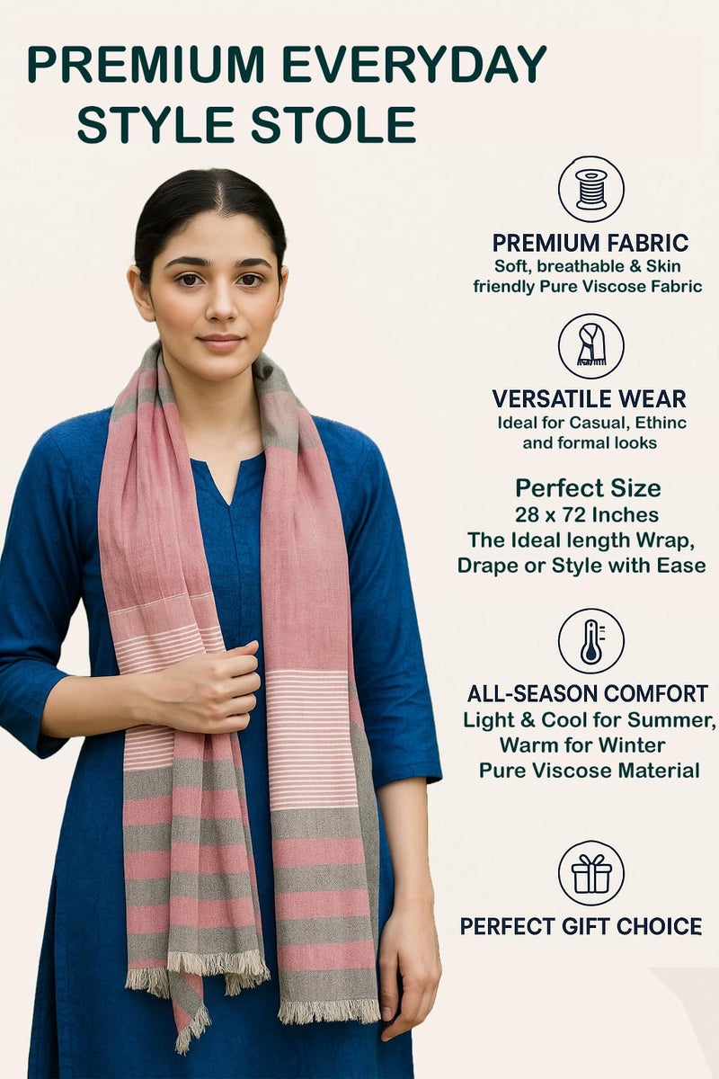 Flyer female Women's Stole/Scarf Colour- Pink & Grey Stylish 100% Soft Viscose Cotton Blend Ethnic Stripes Pattern Scarves Pack Of 1 St-13 - Image 3