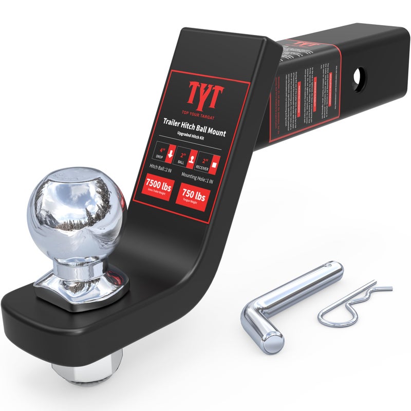 TYT Trailer Hitch Ball Mount Kit, 4-Inch Drop, Fits 2-Inch Receiver, 2-Inch Trailer Ball with 5/8" Hitch Pin Clip, Rated 7,500 lbs GTW / 750 lbs TW - Image 1