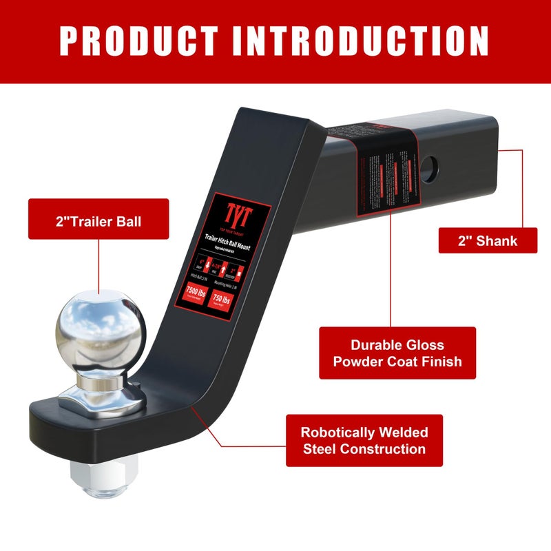 TYT Trailer Hitch Ball Mount Kit, 4-Inch Drop, Fits 2-Inch Receiver, 2-Inch Trailer Ball with 5/8" Hitch Pin Clip, Rated 7,500 lbs GTW / 750 lbs TW - Image 3