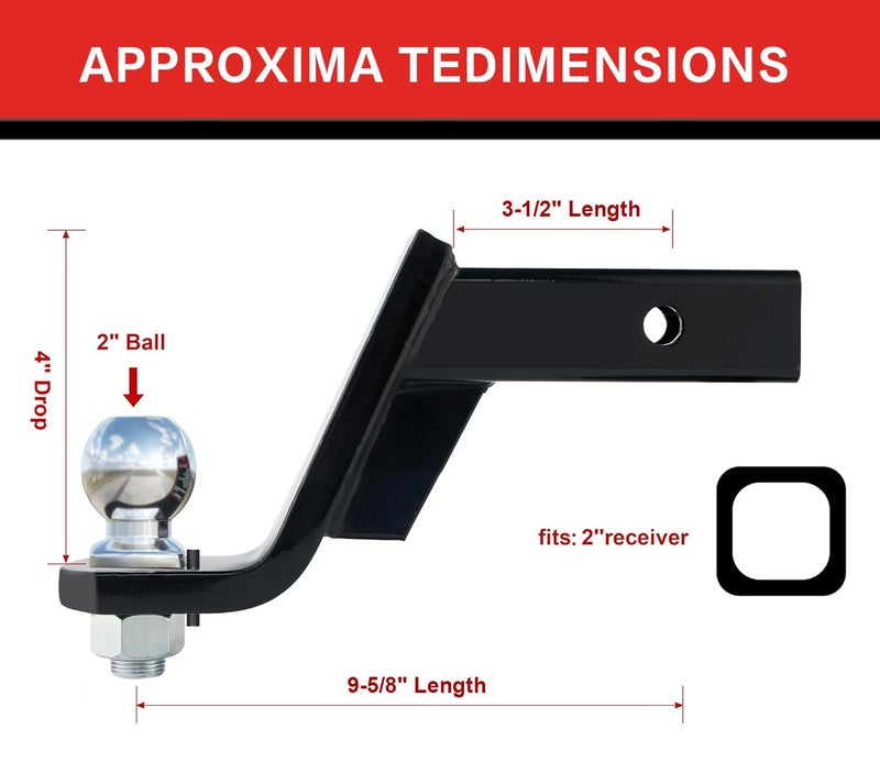 TYT Trailer Hitch Ball Mount Kit, 4-Inch Drop, Fits 2-Inch Receiver, 2-Inch Trailer Ball with 5/8" Hitch Pin Clip, Rated 7,500 lbs GTW / 750 lbs TW - Image 4