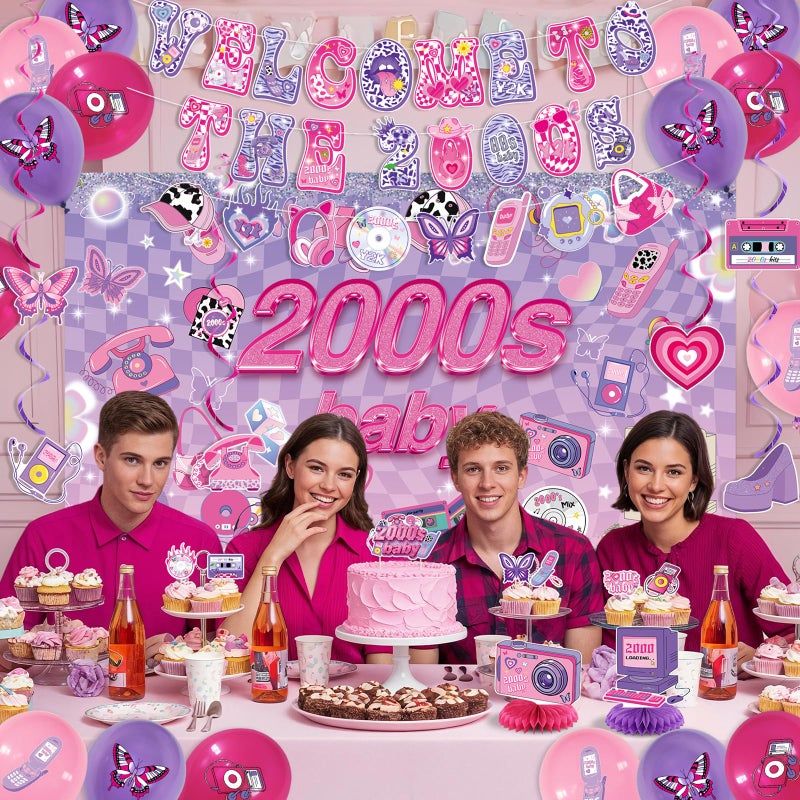 Roetyce Y2K Party Decorations, Pink Purple Welcome To The 2000s Banner Balloons Hanging Swirls Centerpieces Cake Topper Girls Women, Vintage 00s Theme Birthday Party Supplies Photo Backdrop Background - Image 3