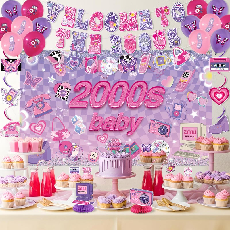 Roetyce Y2K Party Decorations, Pink Purple Welcome To The 2000s Banner Balloons Hanging Swirls Centerpieces Cake Topper Girls Women, Vintage 00s Theme Birthday Party Supplies Photo Backdrop Background - Image 4