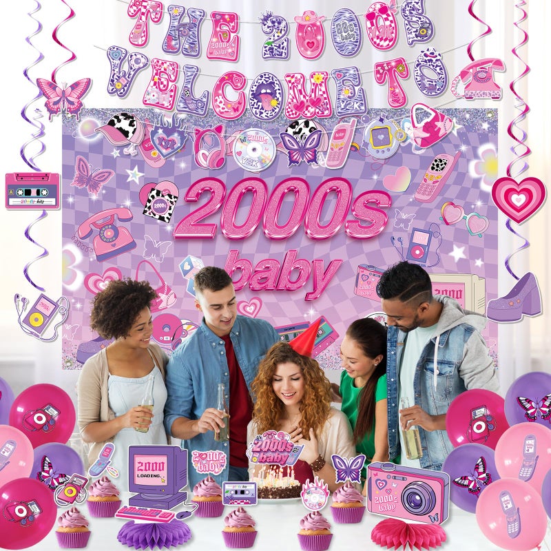 Roetyce Y2K Party Decorations, Pink Purple Welcome To The 2000s Banner Balloons Hanging Swirls Centerpieces Cake Topper Girls Women, Vintage 00s Theme Birthday Party Supplies Photo Backdrop Background - Image 5