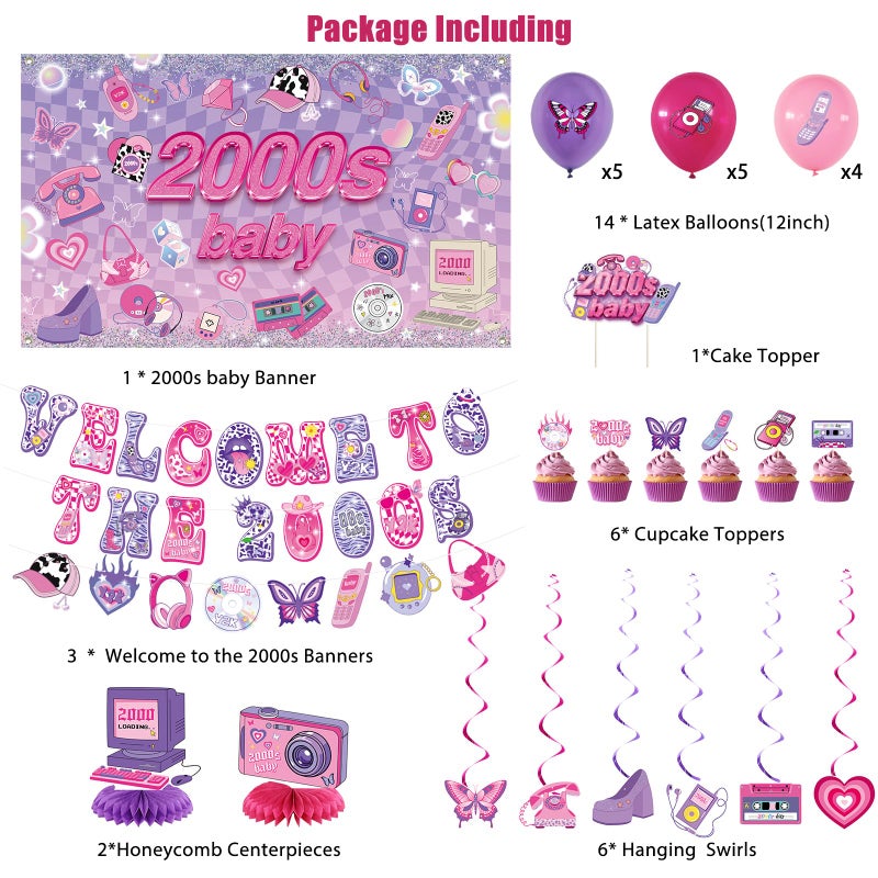 Roetyce Y2K Party Decorations, Pink Purple Welcome To The 2000s Banner Balloons Hanging Swirls Centerpieces Cake Topper Girls Women, Vintage 00s Theme Birthday Party Supplies Photo Backdrop Background - Image 2