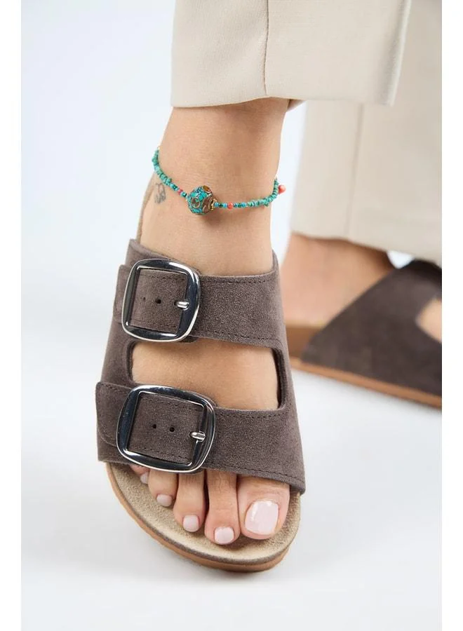 Irene Women's Genuine Leather Double Buckle Brown - Silver Slippers - Brown