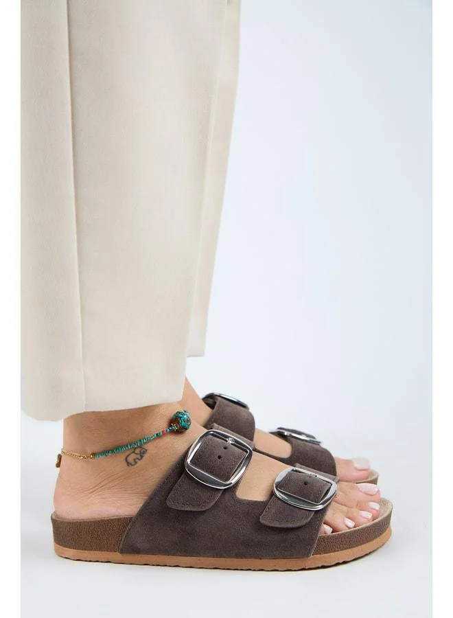 Manijero  Irene Women's Genuine Leather Double Buckle Brown - Silver Slippers - Brown for Women | Best Price UAE
