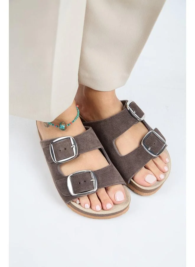 Manijero  Irene Women's Genuine Leather Double Buckle Brown - Silver Slippers - Brown for Women | Best Price UAE