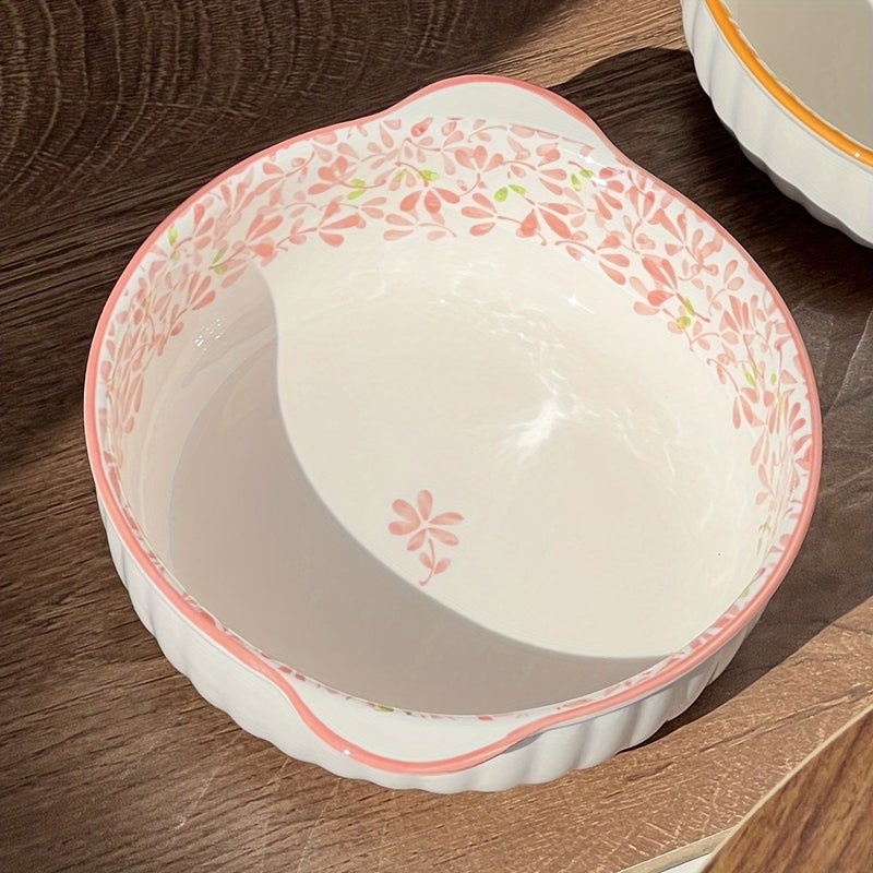 Yellow Two Handled Ceramic Bowl Floral Pattern Soup Salad Noodle Bowl Oven Safe - Image 3