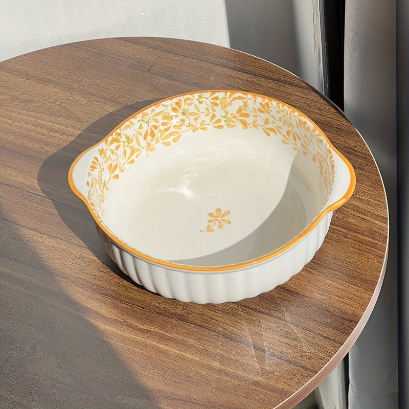 Yellow Two Handled Ceramic Bowl Floral Pattern Soup Salad Noodle Bowl Oven Safe - Image 1