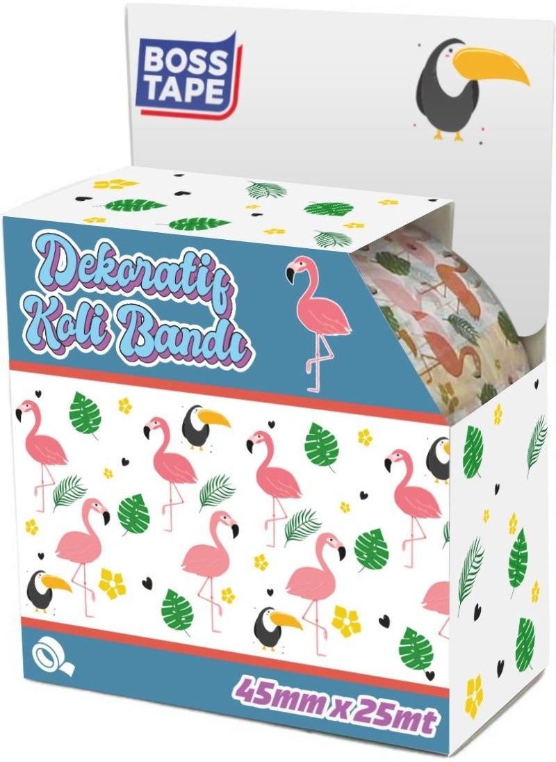 Boss Tape - Decorative Packaging Packing Flamingo Patterned Printed Box Tape Width: 45mm Length: 25meters - Image 1