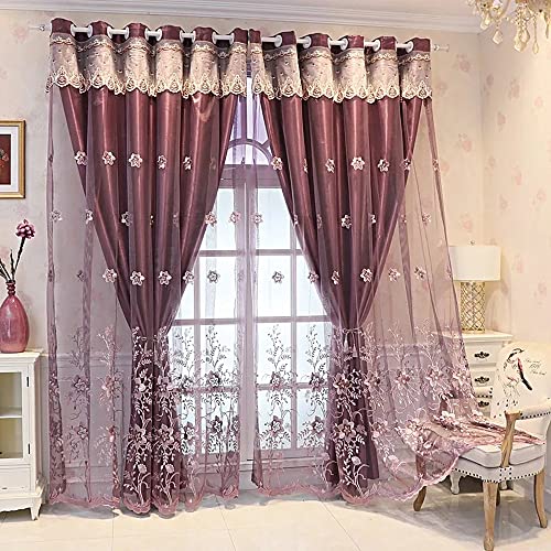 Amidoudou 1 Pair European Double Layer Curtains for Living Room Bedroom Luxury Flower Embroidered Curtains with Valance Purple54x96 Inch - Image 1