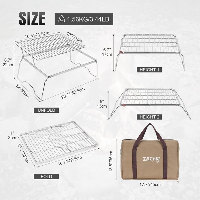 ZORMY 17" Large Folding Campfire Grill, 304 Stainless Steel Firepit Grill Grate, Heavy Duty Portable Camping Grill with Carrying Bag, Gas BBQ Grill Grate for Backpacking, Hiking, Picnics (Double) - Image 2