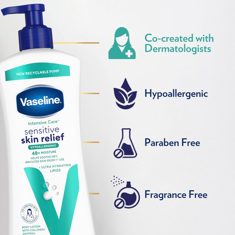 Vaseline لوشن الجسم فازلين للعناية المكثفة 4 عبوات لتخفيف البشرة الحساسة للبشرة الجافة مع دقيق الشوفان الغروي والدهون المرطبة الفائقة 20.3 أونصة - Image 4