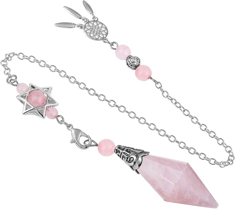 SUNYIK Faceted Healing Crystal Point Pendulum for Divination Pointed Quartz Stone Pendant with Merkaba Star and Dream Catcher, Rose Quartz