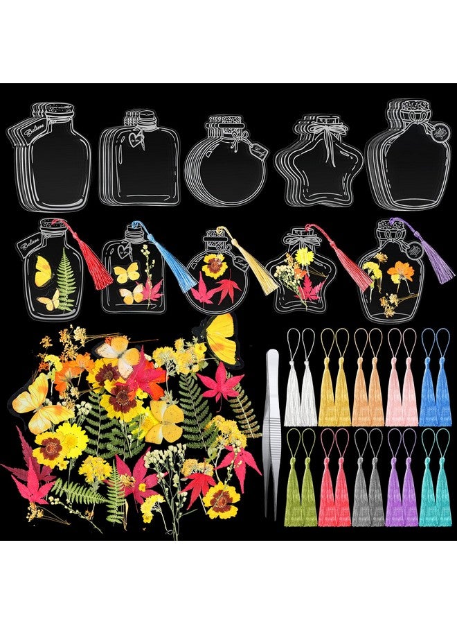 TaoBary 81 Pcs Diy Transparent Dried Flower Bookmark Set Include Clear Bookmarks Dried Flowers Colorful Tassels And Tweezer Handmade Dried Floral Bookmark For Book Bottle Supplies(Stylish) - Image 1