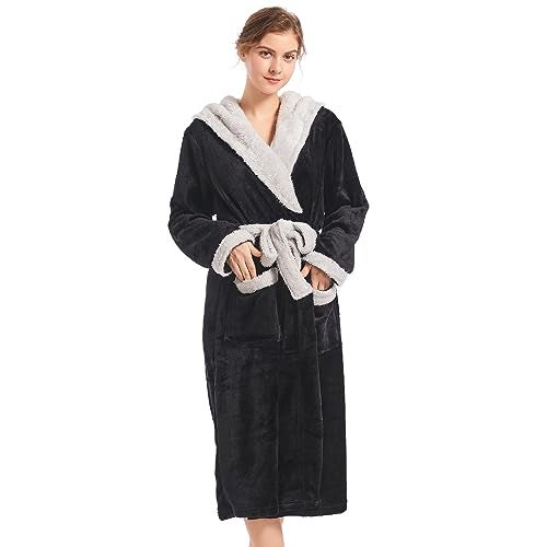 Inner Wish Women Hooded Plush Robe, Fleece Cozy Warm Bathrobe Fuzzy Female Spa Robe With Pockets Spa Bathrobe, BLACK+LT.GREY, L/XL - Image 2