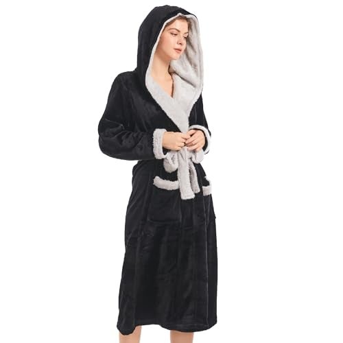 Inner Wish Women Hooded Plush Robe, Fleece Cozy Warm Bathrobe Fuzzy Female Spa Robe With Pockets Spa Bathrobe, BLACK+LT.GREY, L/XL - Image 1