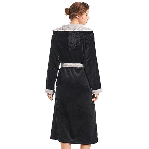 Inner Wish Women Hooded Plush Robe, Fleece Cozy Warm Bathrobe Fuzzy Female Spa Robe With Pockets Spa Bathrobe, BLACK+LT.GREY, L/XL - Image 3