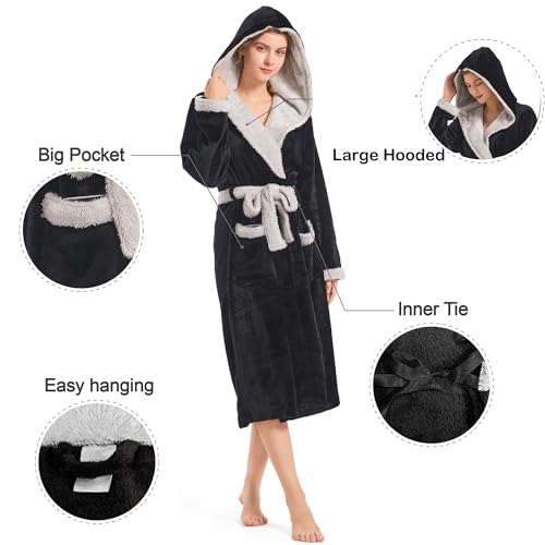 Inner Wish Women Hooded Plush Robe, Fleece Cozy Warm Bathrobe Fuzzy Female Spa Robe With Pockets Spa Bathrobe, BLACK+LT.GREY, L/XL - Image 5