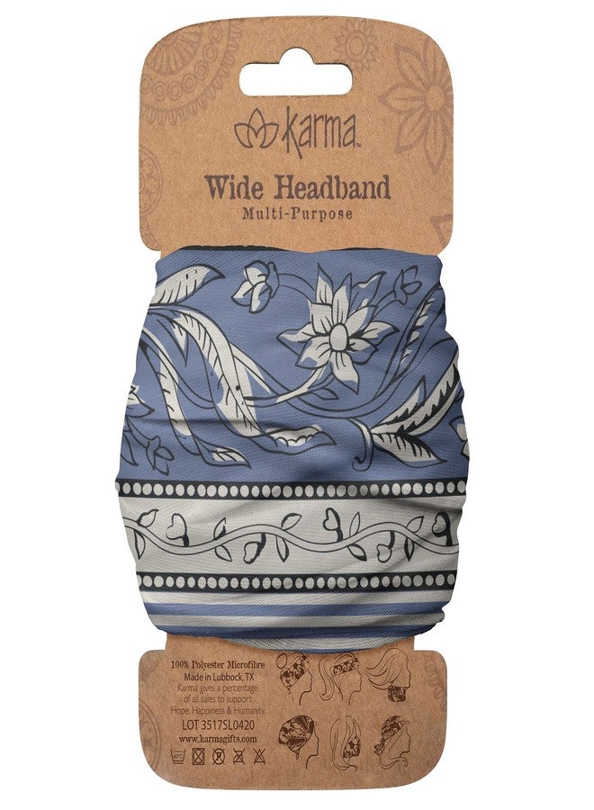 كارما طوق رأس كارما الزهري للنساء - عريض - طوق رأس من القماش ووشاح شعر مطاطي - أزرق وأبيض - Image 1