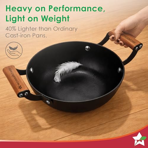 Wonderchef Pre-Seasoned Ferro Light 28cm Kadhai | 3.2L | Acacia Wooden Handles | Gravity Moulding Technology | No Chemical Coating |10 Year Warranty - Image 4