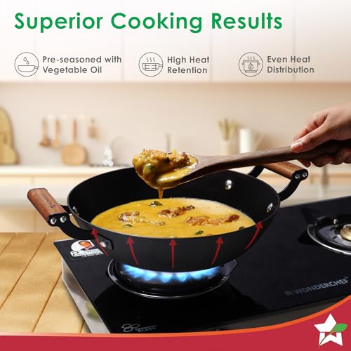 Wonderchef Pre-Seasoned Ferro Light 28cm Kadhai | 3.2L | Acacia Wooden Handles | Gravity Moulding Technology | No Chemical Coating |10 Year Warranty - Image 5