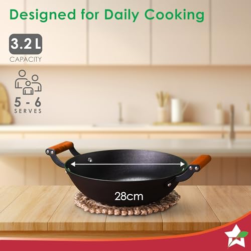 Wonderchef Pre-Seasoned Ferro Light 28cm Kadhai | 3.2L | Acacia Wooden Handles | Gravity Moulding Technology | No Chemical Coating |10 Year Warranty - Image 3