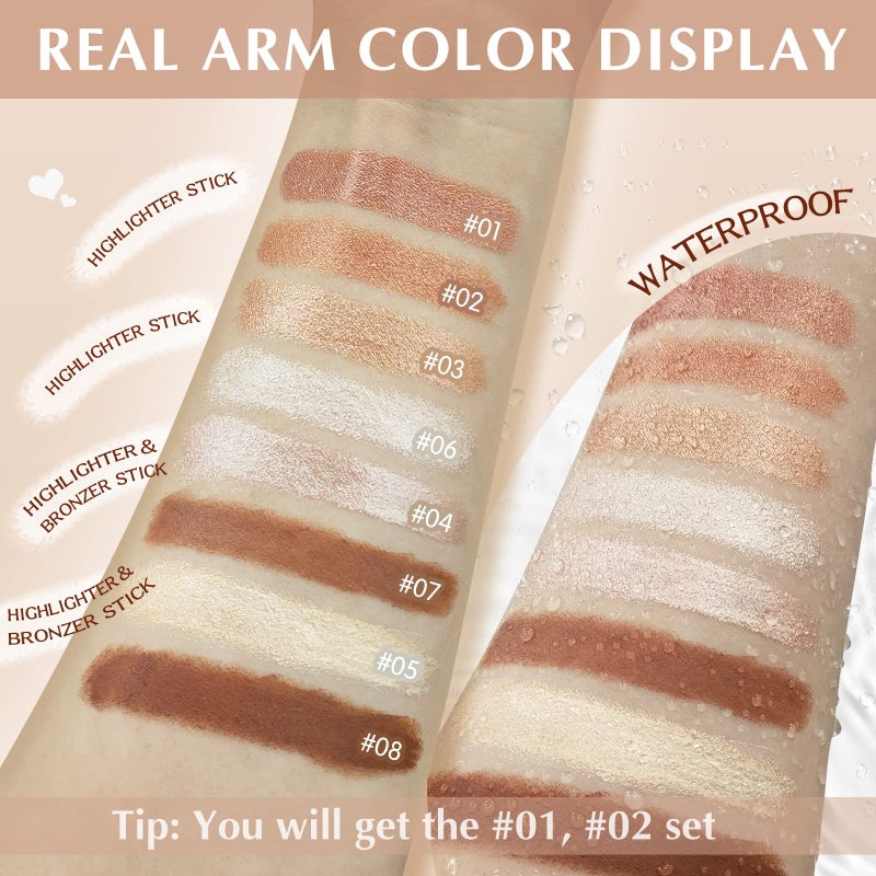 LSxia مجموعة مكياج عصا هايلايتر 2 قطعة من LSxia، عصا هايلايتر لامعة وعصا برونزر، عصا كونتور مقاومة للماء تدوم طويلاً، تضيء وتظلل الوجه بسلاسة - Image 5