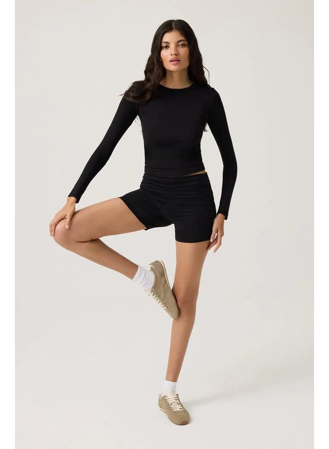 Los Ojos Black Foldable Waist-Detail Lounge Shorts.