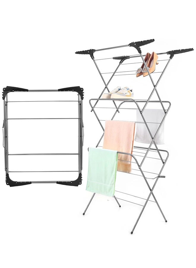 Taimi 3-Tier Foldable Clothes Drying Rack, Indoor and Outdoor Laundry Dryer with Non-Slip Bases and Corner Spaces for Hanging Hangers - Grey - Image 1