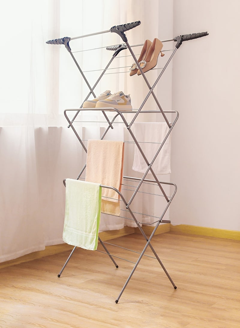 Taimi 3-Tier Foldable Clothes Drying Rack, Indoor and Outdoor Laundry Dryer with Non-Slip Bases and Corner Spaces for Hanging Hangers - Grey - Image 2