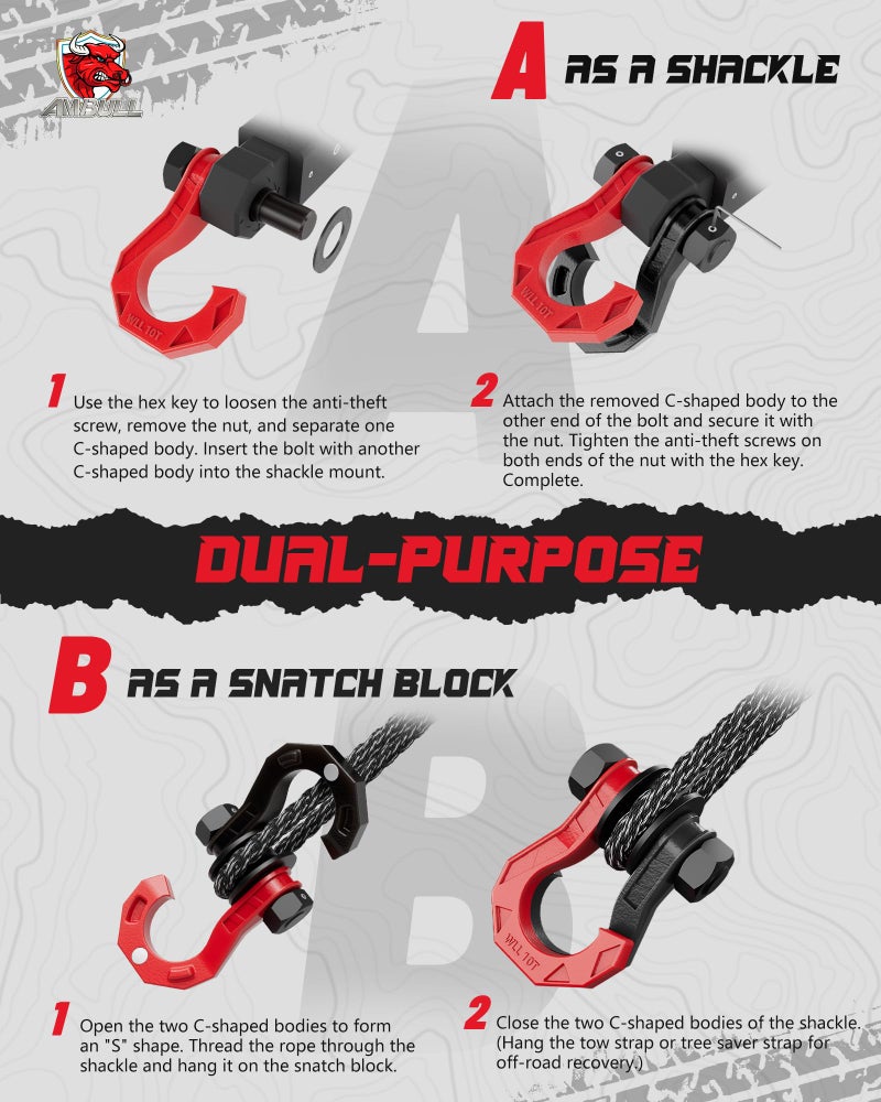 AMBULL D Ring Separate Shackle with Snatch Block, 3/4" Easy Open Shackles w/Snatch Block Pulley, Heavy Duty Shackle for Towing Winch, Pulley for Off-Road Vehicle Recovery, Truck, ATV, UTV, BlackRed - Image 3
