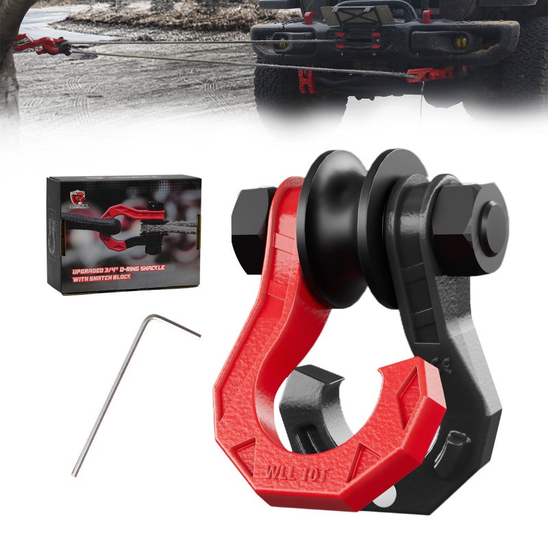 AMBULL D Ring Separate Shackle with Snatch Block, 3/4" Easy Open Shackles w/Snatch Block Pulley, Heavy Duty Shackle for Towing Winch, Pulley for Off-Road Vehicle Recovery, Truck, ATV, UTV, BlackRed - Image 1