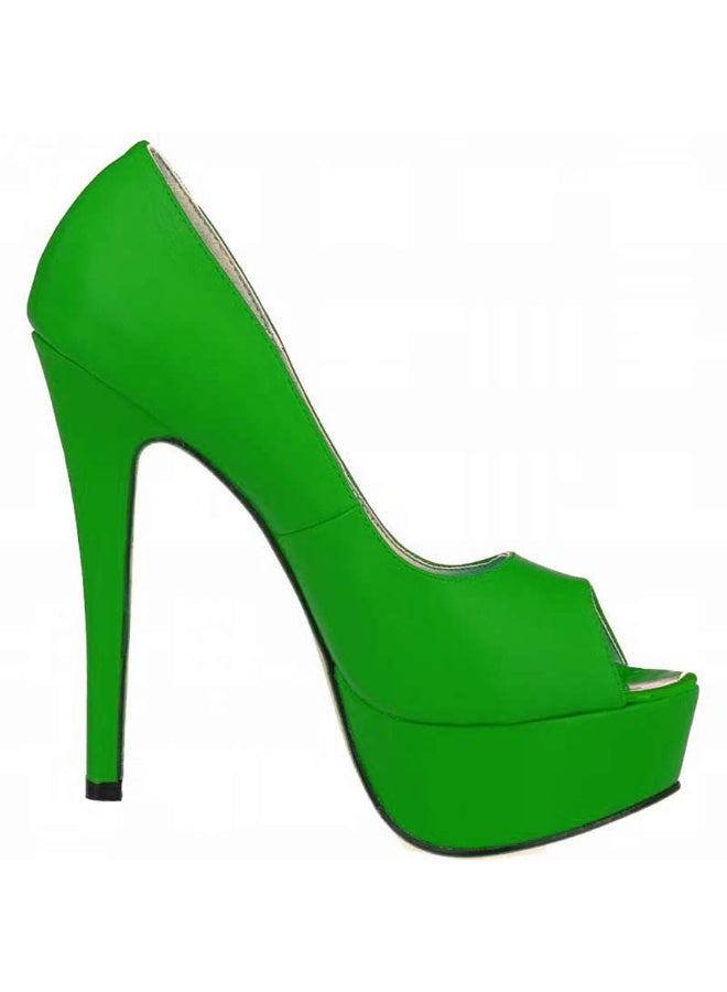 Loquat Matte Round-Toe Peep-Toe Waterproof Platform Stiletto High Heels 14cm bright Green - Image 2