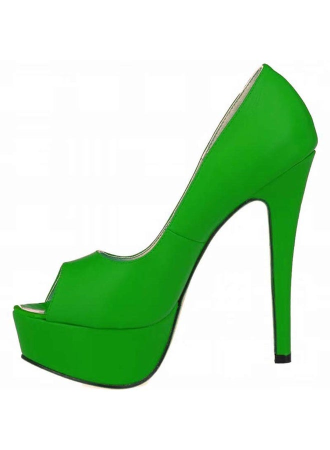 Loquat Matte Round-Toe Peep-Toe Waterproof Platform Stiletto High Heels 14cm bright Green - Image 1