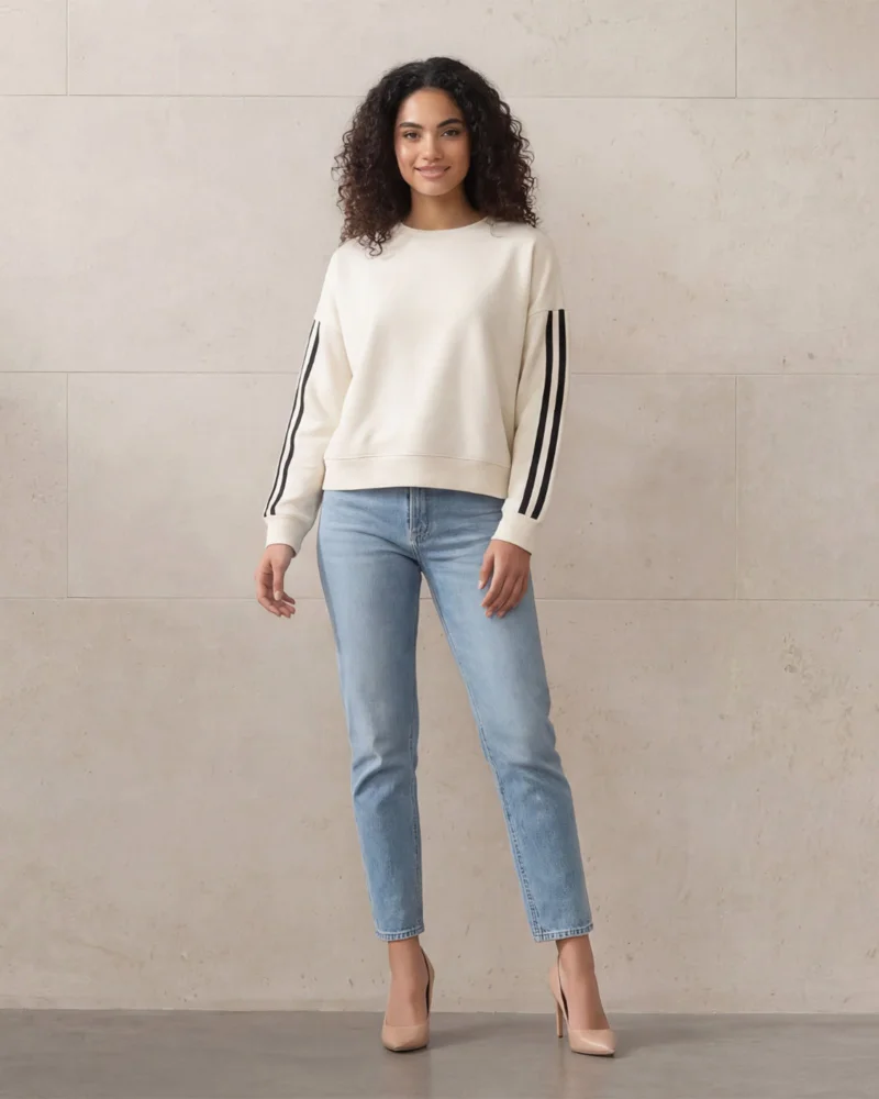 Redtag Women Ivory Crew Neck Tape Detail Sweatshirt