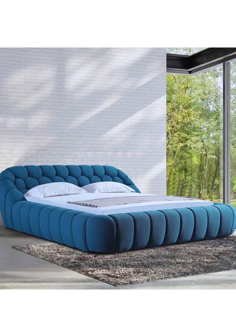 Wooden Twist Bubble Design Modern Cloud Bed In Soft Boucle Fabric Blue (Super King Size)  - Image 1