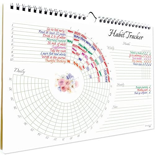 HADIGU Habit Tracker Calendar (Undated 12 Month) Floral Design, Spiral Bound and Hanger, A4 Size (8,3"x11.7") Quality Heavy Paper, Monthly Habit Tracker Journal and Goal Tracker. - Image 1