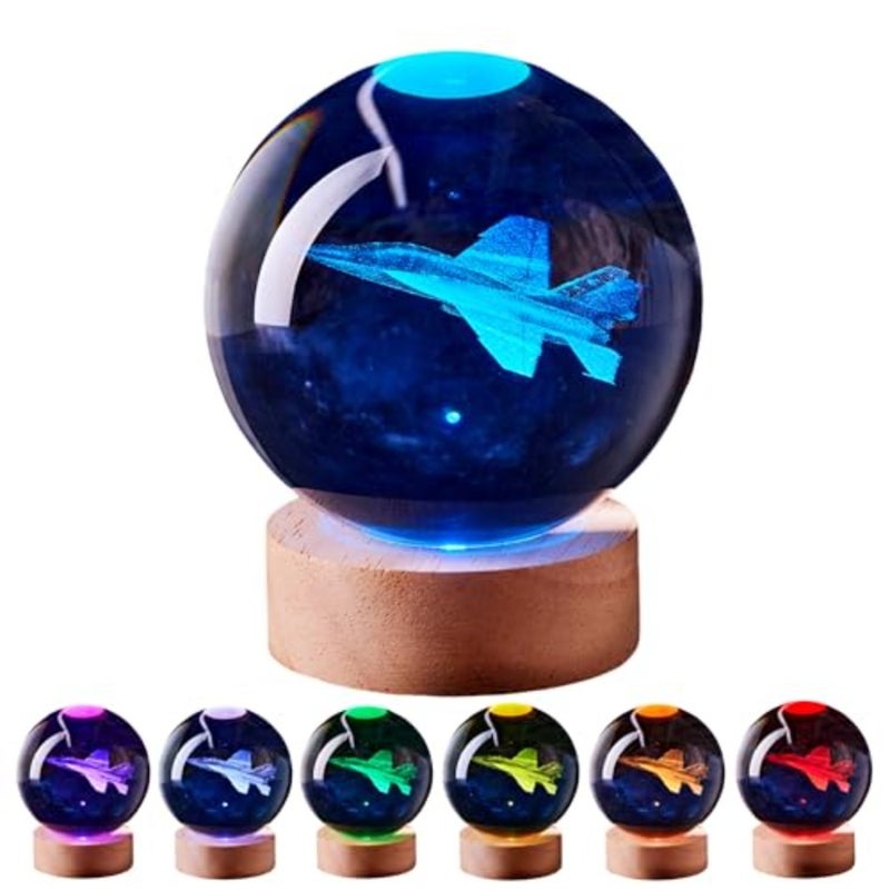 3D Crystal Ball Lamp with Remote Control, 3.15 inch Aircraft Crystal Night Light with Wooden Base 16 Colors Change, Glass Plane Figurine Lamp Gift for Girls Boys Wife Mom - Image 1