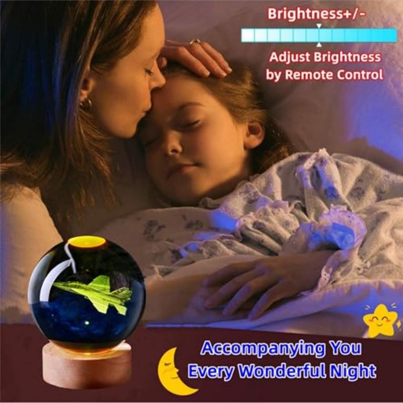 3D Crystal Ball Lamp with Remote Control, 3.15 inch Aircraft Crystal Night Light with Wooden Base 16 Colors Change, Glass Plane Figurine Lamp Gift for Girls Boys Wife Mom - Image 3