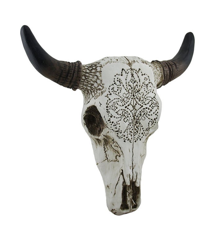 TRIBAL DESIGN CARVED WHITE BULL SKULL WALL HANGING